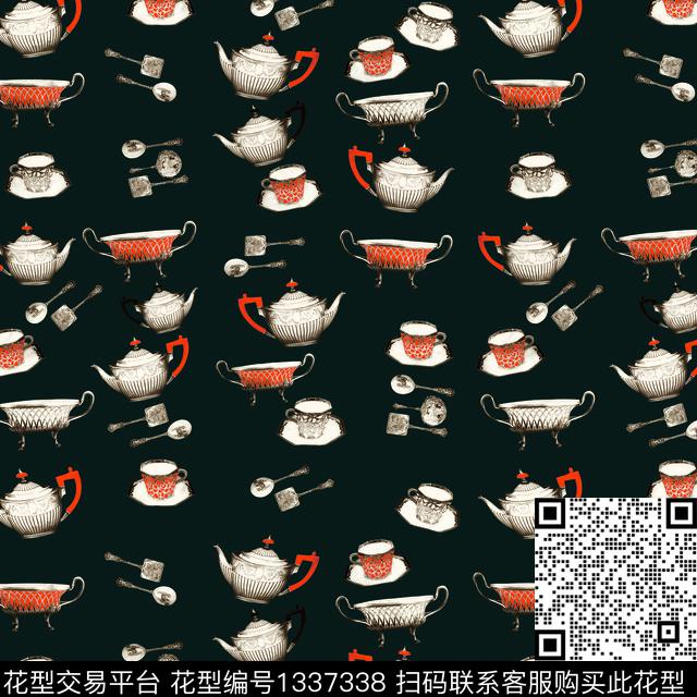茶杯茶壶.jpg - 1337338 - 方巾 餐具 宫廷风 - 数码印花花型 － 方巾花型设计 － 瓦栏
