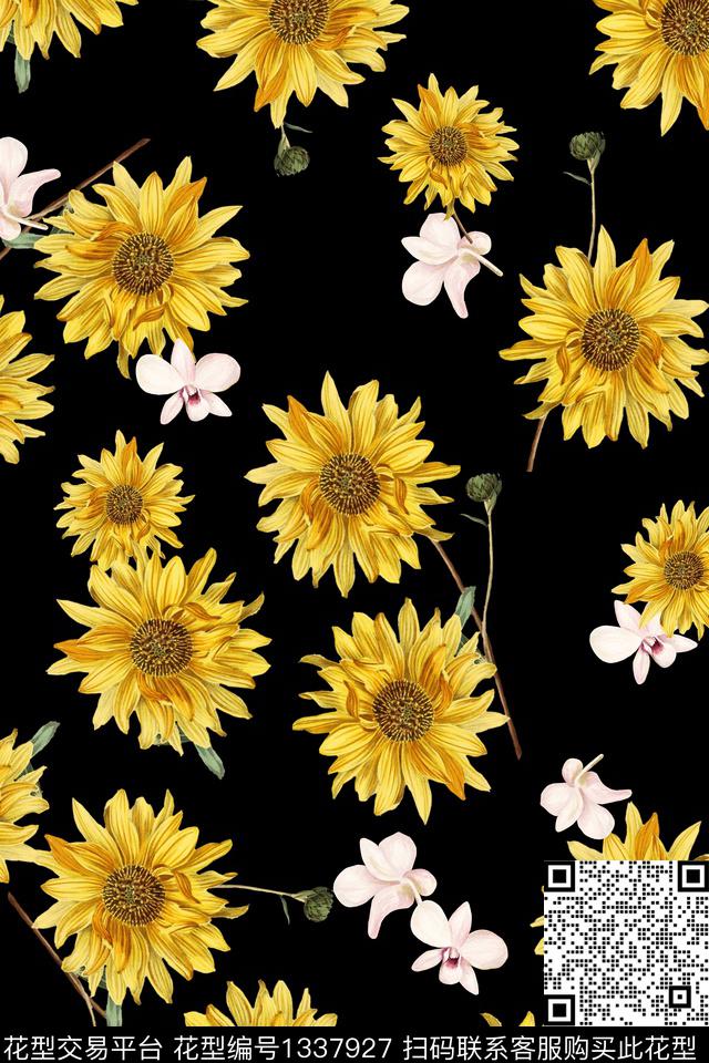 菊花花卉黑底花卉数码印花花型下载（图片编号: 1337927） - 瓦栏（Walan）