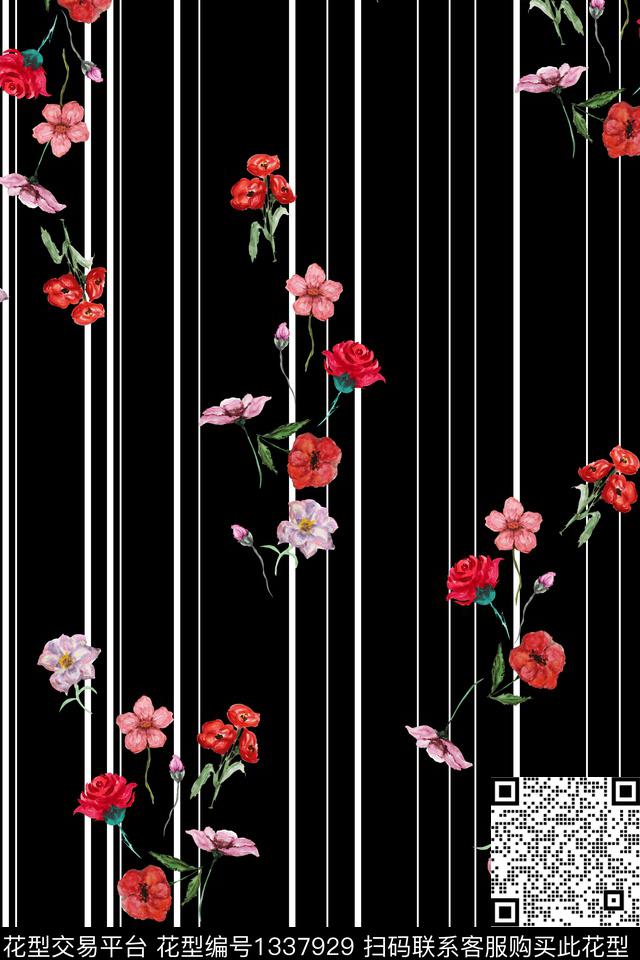 0625B.jpg - 1337929 - 黑白条纹 花卉 大牌风 - 数码印花花型 － 女装花型设计 － 瓦栏