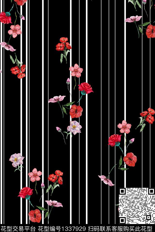 黑白条纹花卉大牌风数码印花花型下载（图片编号: 1337929） - 瓦栏（Walan）