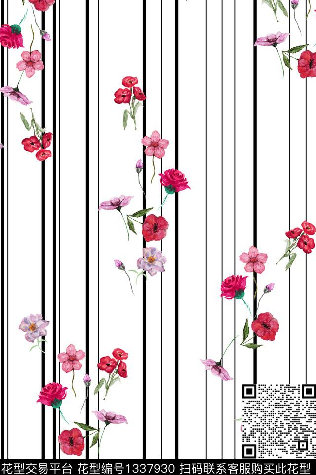 黑白条纹花卉大牌风数码印花花型下载（图片编号: 1337930） - 瓦栏（Walan）