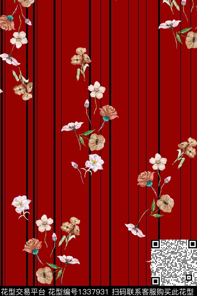 黑白条纹花卉大牌风数码印花花型下载（图片编号: 1337931） - 瓦栏（Walan）