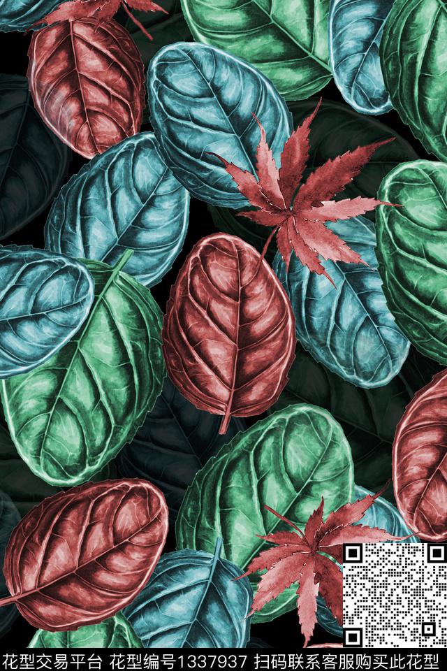 几何花卉枫叶植物数码印花花型下载（图片编号: 1337937） - 瓦栏（Walan）