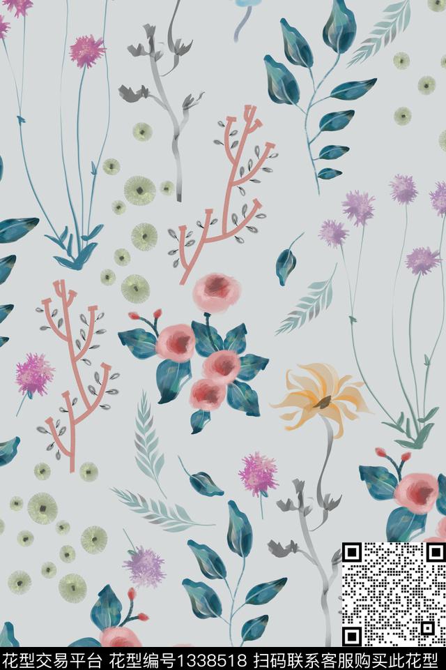 花园.jpg - 1338518 - 绿植树叶 花卉 少女 - 数码印花花型 － 女装花型设计 － 瓦栏