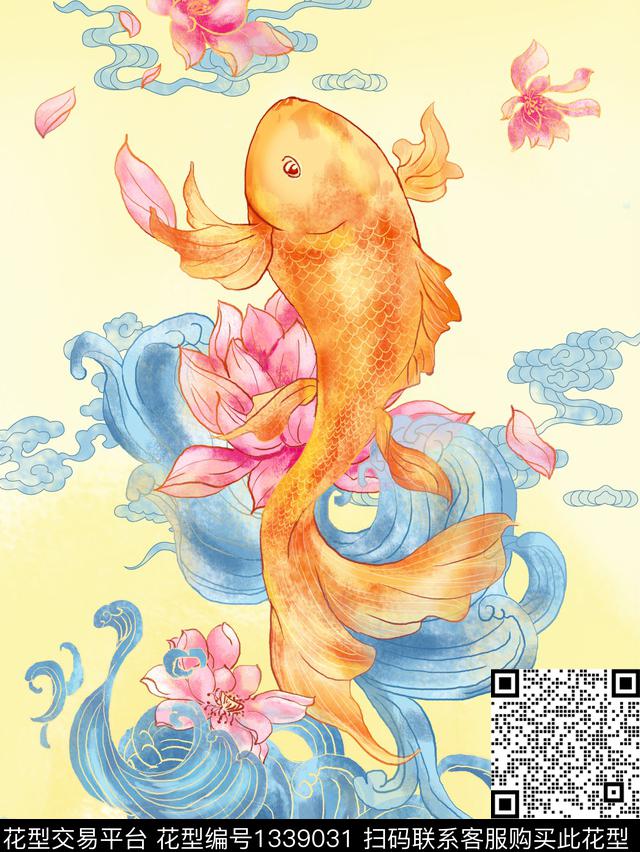 鱼跃-定位花二方连续.jpg - 1339031 - 动物 鱼 中国 - 数码印花花型 － 女装花型设计 － 瓦栏