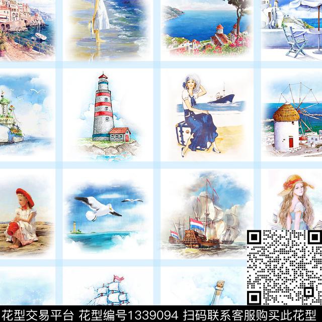 海洋格子.jpg - 1339094 - 格子 春夏花型 海洋 - 数码印花花型 － 女装花型设计 － 瓦栏
