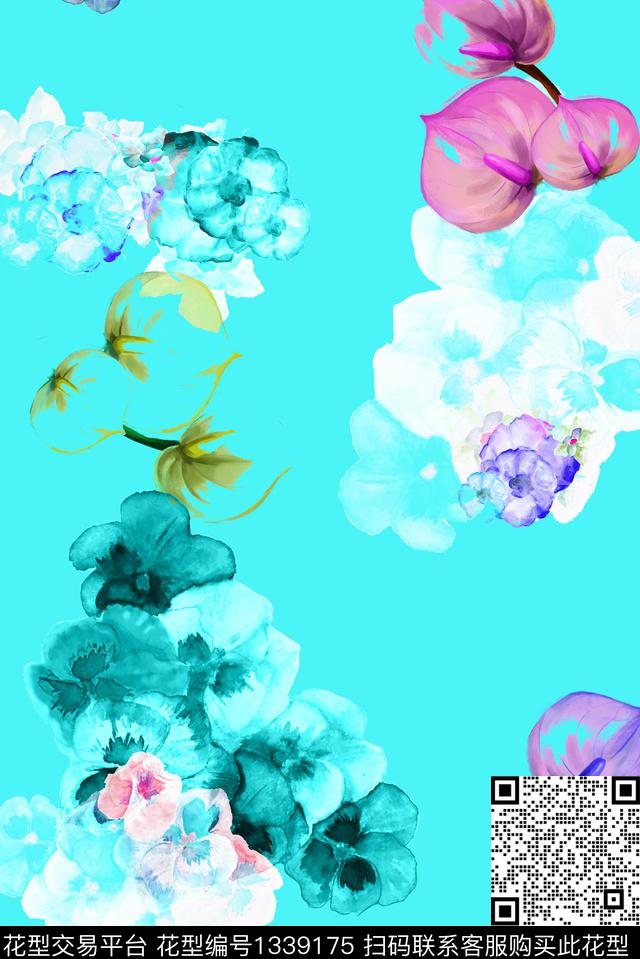 三色堇 绿.jpg - 1339175 - 插画 趋势花型 窗帘 - 数码印花花型 － 女装花型设计 － 瓦栏