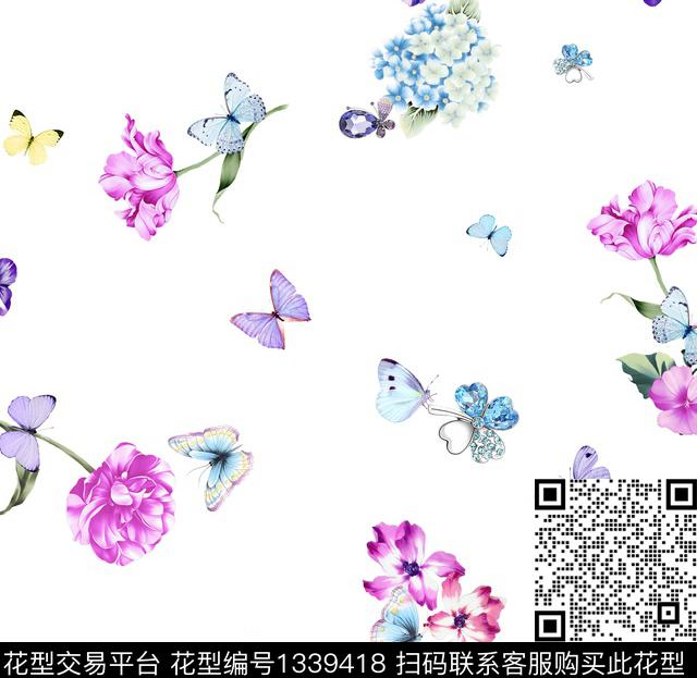 白底花蝴蝶.jpg - 1339418 - 田园 数码花型 花卉 - 数码印花花型 － 女装花型设计 － 瓦栏
