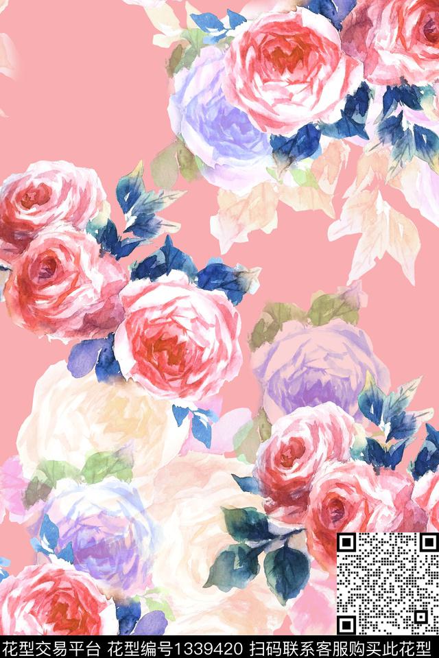 手绘玫瑰- 红.jpg - 1339420 - 插画 趋势花型 窗帘 - 数码印花花型 － 女装花型设计 － 瓦栏
