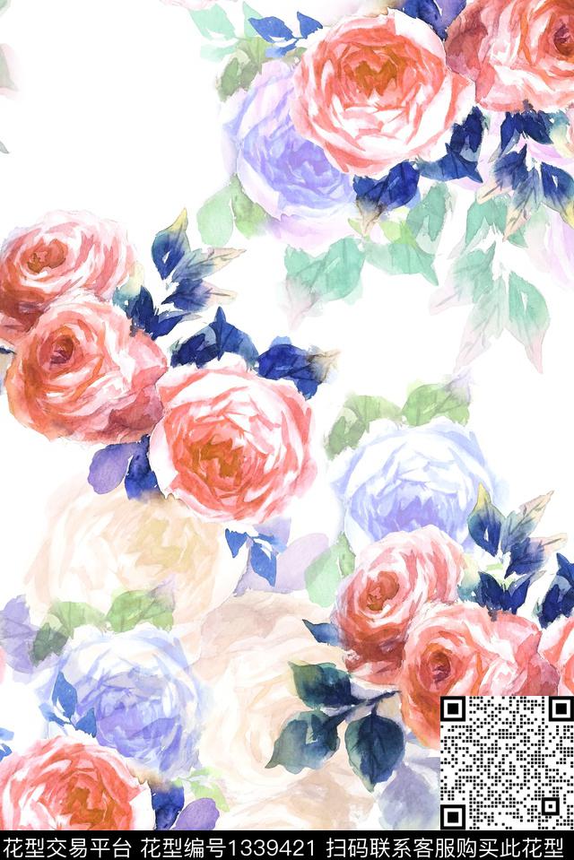手绘玫瑰-白.jpg - 1339421 - 插画 趋势花型 窗帘 - 数码印花花型 － 女装花型设计 － 瓦栏