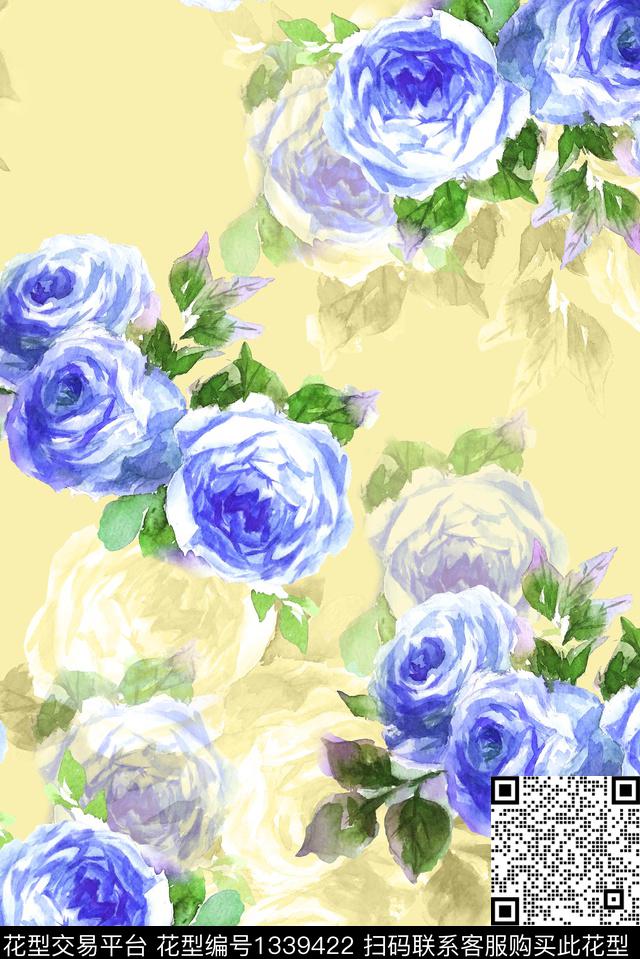 手绘玫瑰-黄.jpg - 1339422 - 插画 趋势花型 窗帘 - 数码印花花型 － 女装花型设计 － 瓦栏