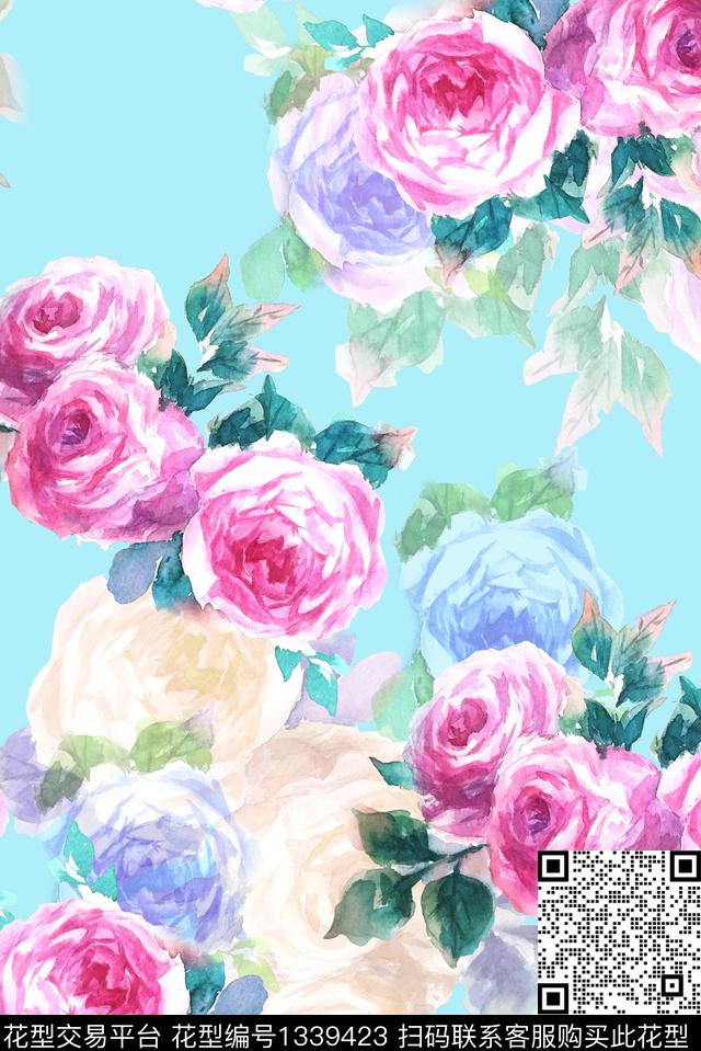 手绘玫瑰-蓝.jpg - 1339423 - 插画 趋势花型 窗帘 - 数码印花花型 － 女装花型设计 － 瓦栏