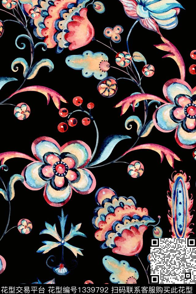yc0702.jpg - 1339792 - 水彩 复古 植物 - 数码印花花型 － 女装花型设计 － 瓦栏