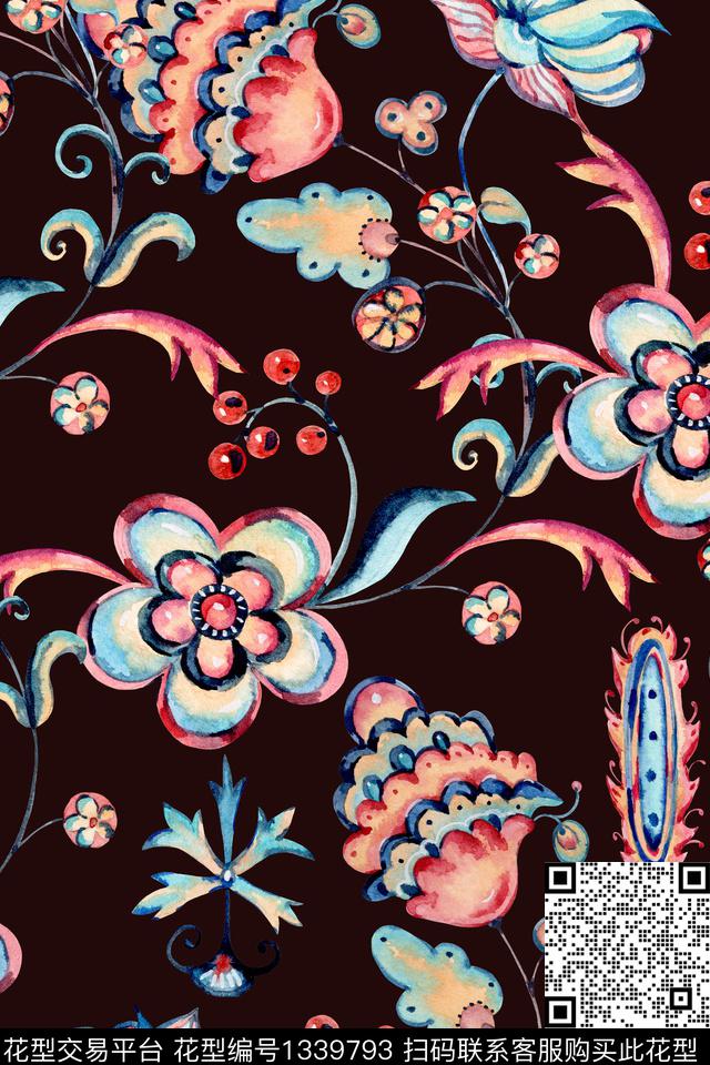yc0702.jpg - 1339793 - 水彩 复古 植物 - 数码印花花型 － 女装花型设计 － 瓦栏