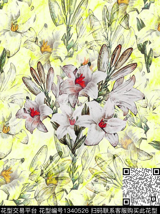 独幅-黄.jpg - 1340526 - 插画 定位花 时尚 - 数码印花花型 － 女装花型设计 － 瓦栏