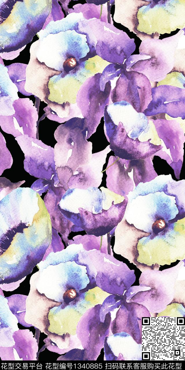 手绘手绘花卉黑底花卉数码印花花型下载（图片编号: 1340885） - 瓦栏（Walan）