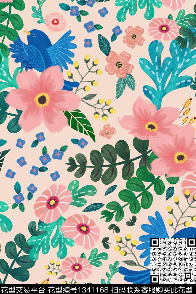 花与鸟.jpg - 1341168 - 花鸟 绿植树叶 鸟 - 数码印花花型 － 女装花型设计 － 瓦栏