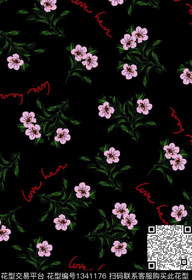 花稿.jpg - 1341176 - 淑女 卡通 黑底花卉 - 数码印花花型 － 女装花型设计 － 瓦栏
