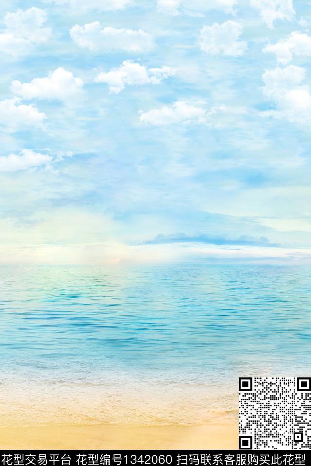 蓝天白云 - 副本.jpg - 1342060 - 沙滩 手绘 蓝天白云 - 数码印花花型 － 女装花型设计 － 瓦栏