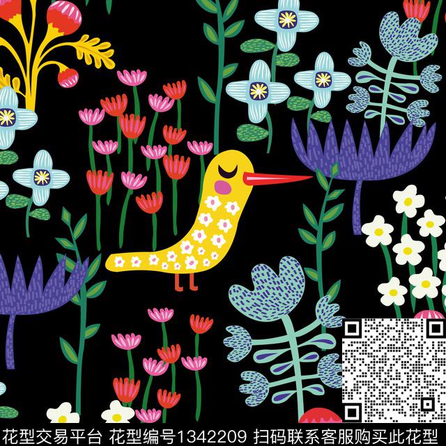 13可爱小鸟花花.jpg - 1342209 - 动物 春夏花型 欧美 - 传统印花花型 － 女装花型设计 － 瓦栏