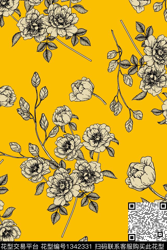 花卉大牌风植物传统印花花型下载（图片编号: 1342331） - 瓦栏（Walan）