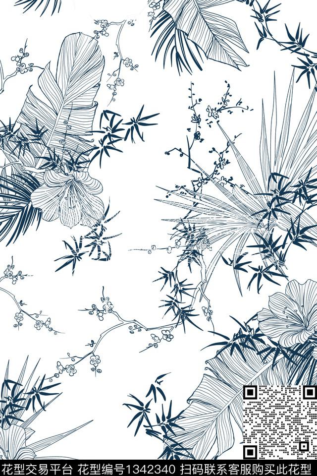 男装满版花植物床品传统印花花型下载（图片编号: 1342340） - 瓦栏（Walan）
