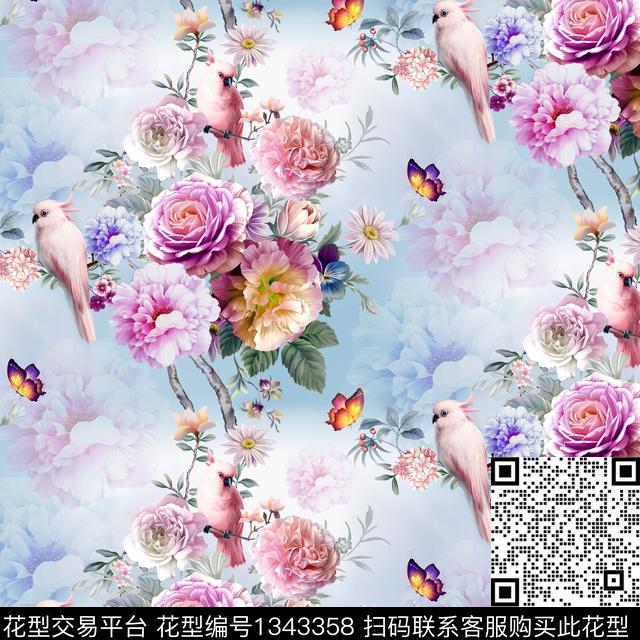 鹦鹉动物花卉花卉蝴蝶数码印花花型下载（图片编号: 1343358） - 瓦栏（Walan）