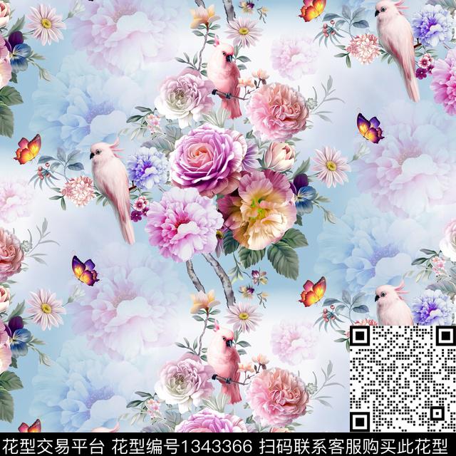鹦鹉动物花卉花卉蝴蝶数码印花花型下载（图片编号: 1343366） - 瓦栏（Walan）