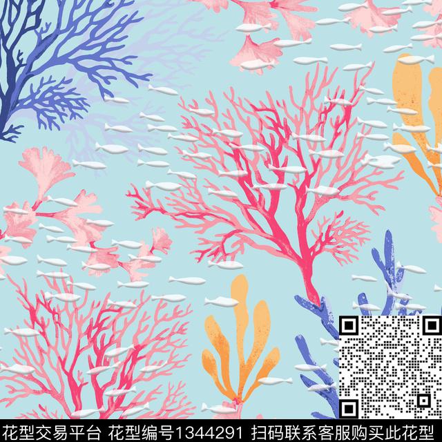 珊瑚.jpg - 1344291 - 鲨鱼 珊瑚 海洋 - 数码印花花型 － 女装花型设计 － 瓦栏