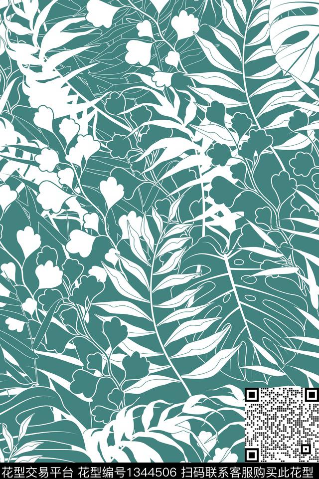 热带花型植物绿植树叶传统印花花型下载（图片编号: 1344506） - 瓦栏（Walan）