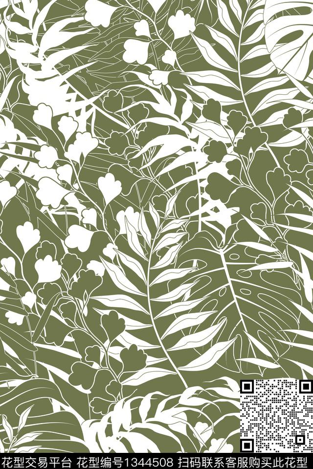 热带花型植物绿植树叶传统印花花型下载（图片编号: 1344508） - 瓦栏（Walan）