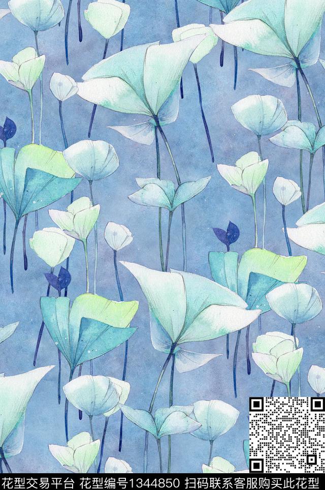 真丝小碎花绿植树叶数码印花花型下载（图片编号: 1344850） - 瓦栏（Walan）