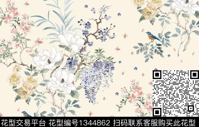 花鸟清爽底花卉花卉数码印花花型下载（图片编号: 1344862） - 瓦栏（Walan）