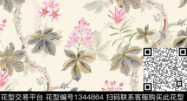 树叶花.tif - 1344864 - 花卉 朦胧花卉 绿植树叶 - 数码印花花型 － 床品花型设计 － 瓦栏