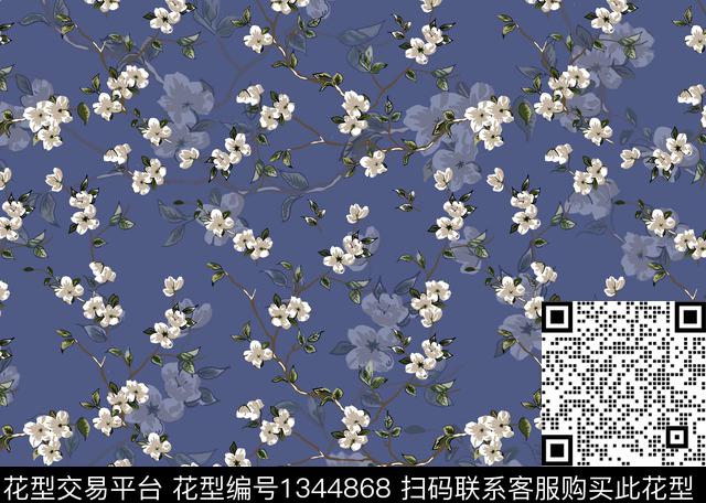 树枝小花.tif - 1344868 - 清爽底花卉 花卉 朦胧花卉 - 数码印花花型 － 床品花型设计 － 瓦栏