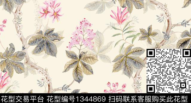 花卉朦胧花卉绿植树叶数码印花花型下载（图片编号: 1344869） - 瓦栏（Walan）