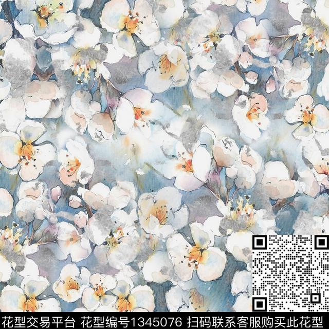 花卉水墨风素雅数码印花花型下载（图片编号: 1345076） - 瓦栏（Walan）