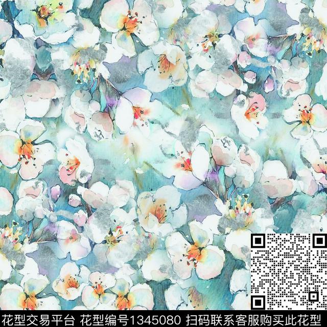 花卉水墨风素雅数码印花花型下载（图片编号: 1345080） - 瓦栏（Walan）