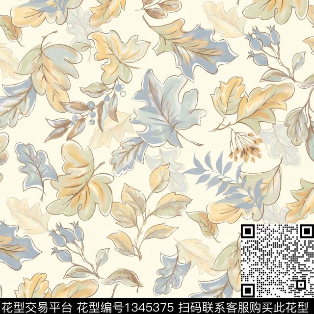 大叶子.tif - 1345375 - 时尚 花卉 北欧 - 数码印花花型 － 沙发布花型设计 － 瓦栏