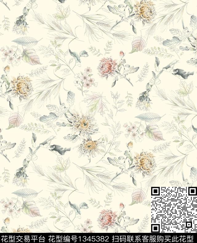 线条花卉绿植树叶数码印花花型下载（图片编号: 1345382） - 瓦栏（Walan）