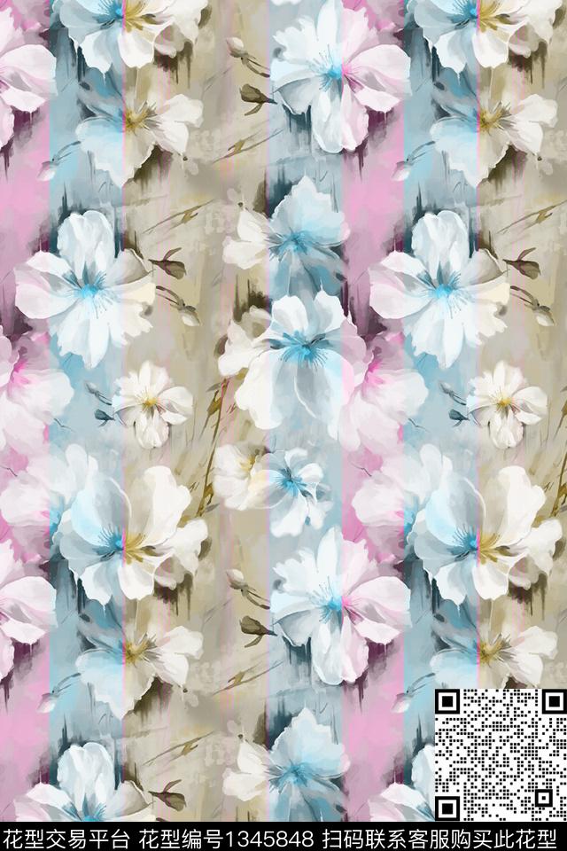 竖条水墨花.tif - 1345848 - 花卉 条纹 竖条花 - 数码印花花型 － 女装花型设计 － 瓦栏