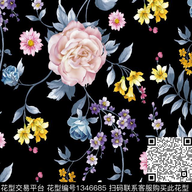黑底花卉.tif - 1346685 - 黑底花卉 花卉 手绘 - 数码印花花型 － 女装花型设计 － 瓦栏