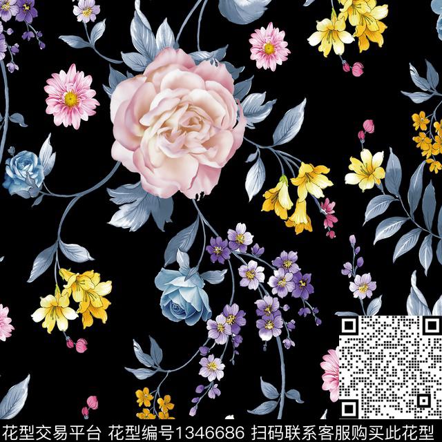 黑底花卉花卉手绘数码印花花型下载（图片编号: 1346686） - 瓦栏（Walan）