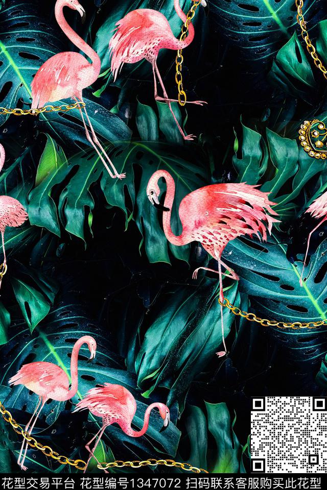 链条火烈鸟绿植树叶数码印花花型下载（图片编号: 1347072） - 瓦栏（Walan）