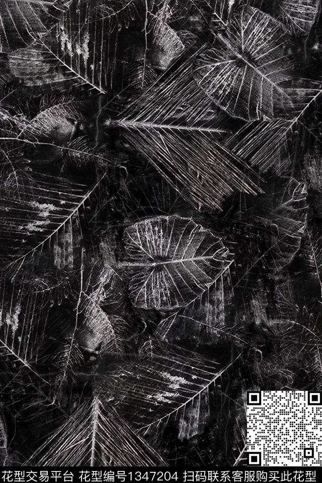 线条绿植树叶大牌风数码印花花型下载（图片编号: 1347204） - 瓦栏（Walan）