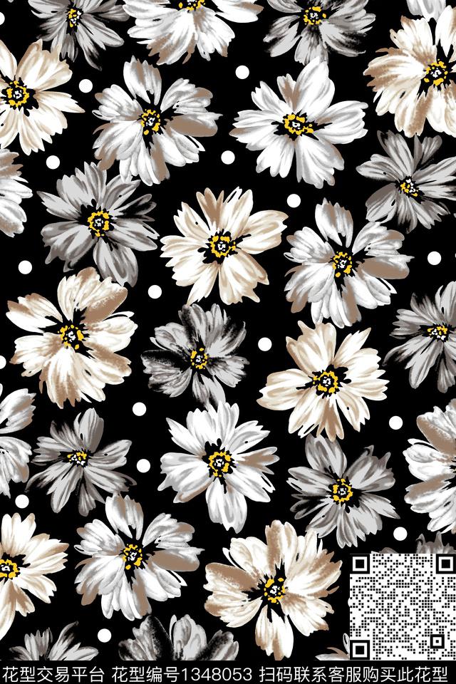 JXSJ20200731.jpg - 1348053 - 黑底花卉 满版散花 小雏菊 - 传统印花花型 － 女装花型设计 － 瓦栏
