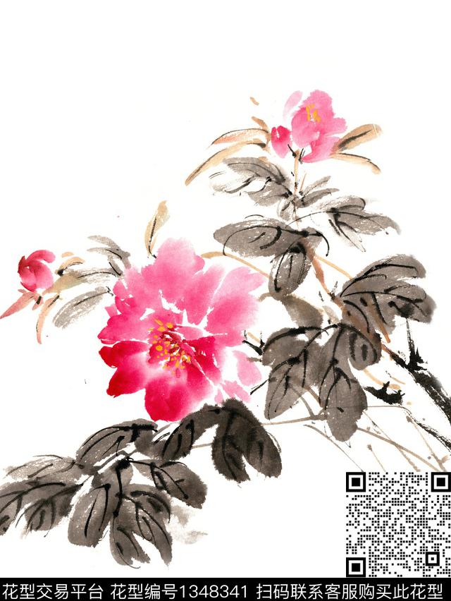 美丽的牡丹花.jpg - 1348341 - 花鸟 水墨风 花卉 - 数码印花花型 － 其他花型设计 － 瓦栏