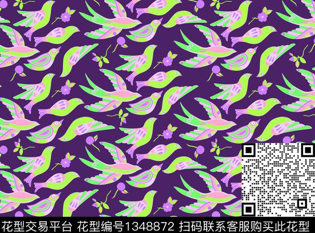 鸟AL4.jpg - 1348872 - 撞色 鸟 动物 - 传统印花花型 － 女装花型设计 － 瓦栏