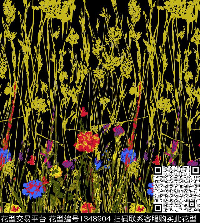 花丛.jpg - 1348904 - 定位花 手绘 线条花卉 - 传统印花花型 － 女装花型设计 － 瓦栏