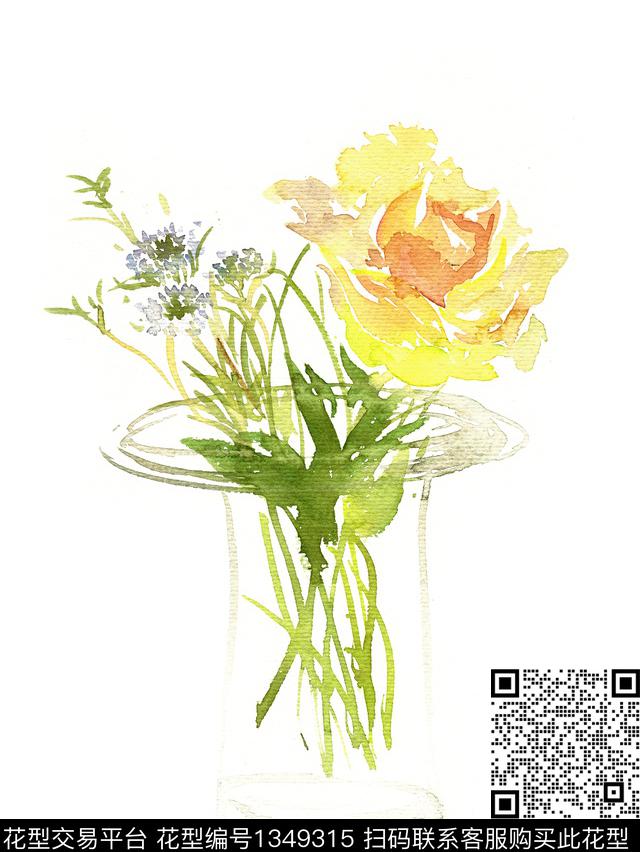 黄色的花朵.jpg - 1349315 - 花鸟 水墨风 花卉 - 数码印花花型 － 女装花型设计 － 瓦栏